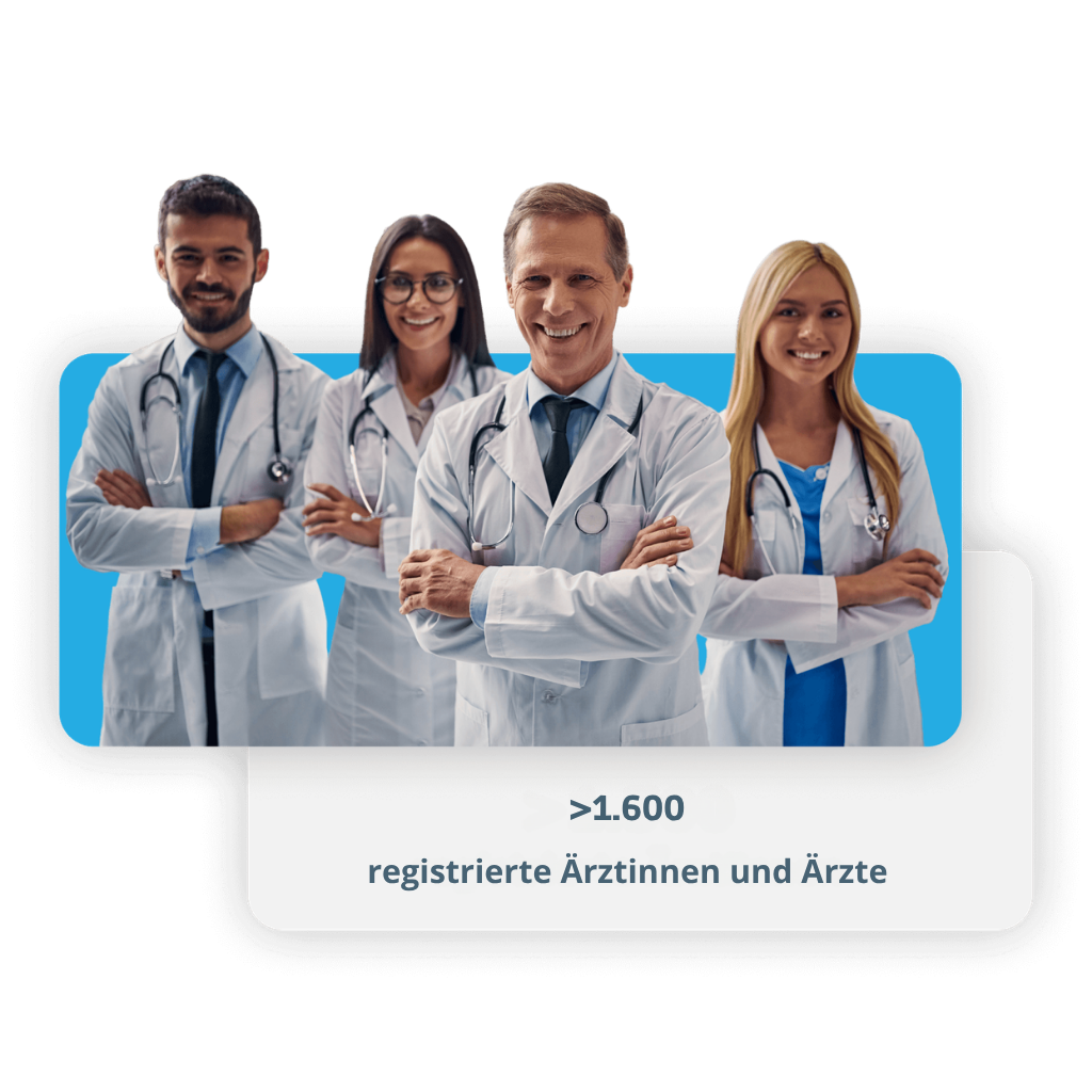 Foto einer Gruppe von vier lächelnden Ärzten (zwei Männer, zwei Frauen) in weißen Arztkitteln und mit Stethoskopen, die die Arme verschränkt haben. Darunter ist ein Textfeld mit dem Text: ">1.600 registrierte Ärztinnen und Ärzte"