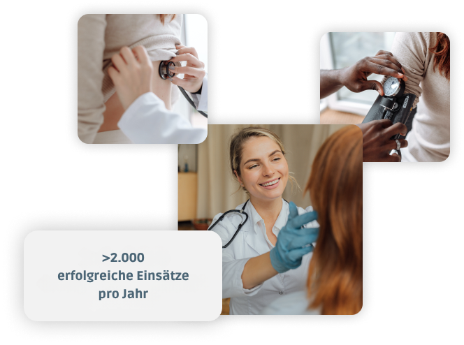 Eine Bildcollage, die medizinisches Personal bei der Untersuchung und Behandlung von Patienten zeigt. Im Vordergrund befindet sich ein Schild mit der Aufschrift ">2.000 erfolgreiche Einsätze pro Jahr