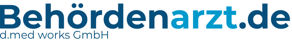 Logo Schriftzug Behördenarzt.de d.med works GmbH. in Dunkelblau. Arzt in Hellblau