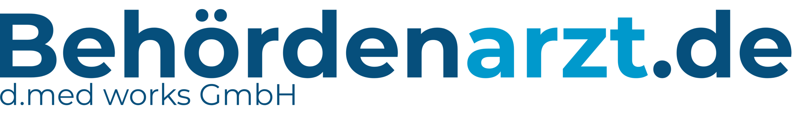 Logo Schriftzug Behördenarzt.de d.med works GmbH. in Dunkelblau. Arzt in Hellblau
