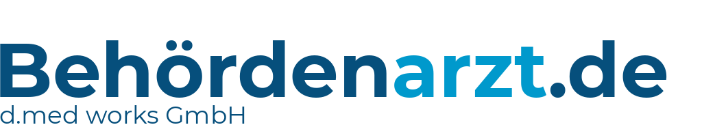 Logo Schriftzug Behördenarzt.de d.med works GmbH. in Dunkelblau. Arzt in Hellblau